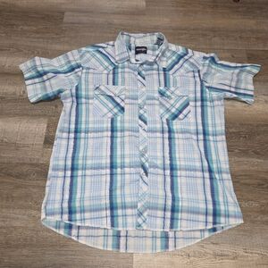 WRANGLER Vintage Short Sleeve Cowboy Pearl Snap Teal Plaid Blue White Rodeo XXL